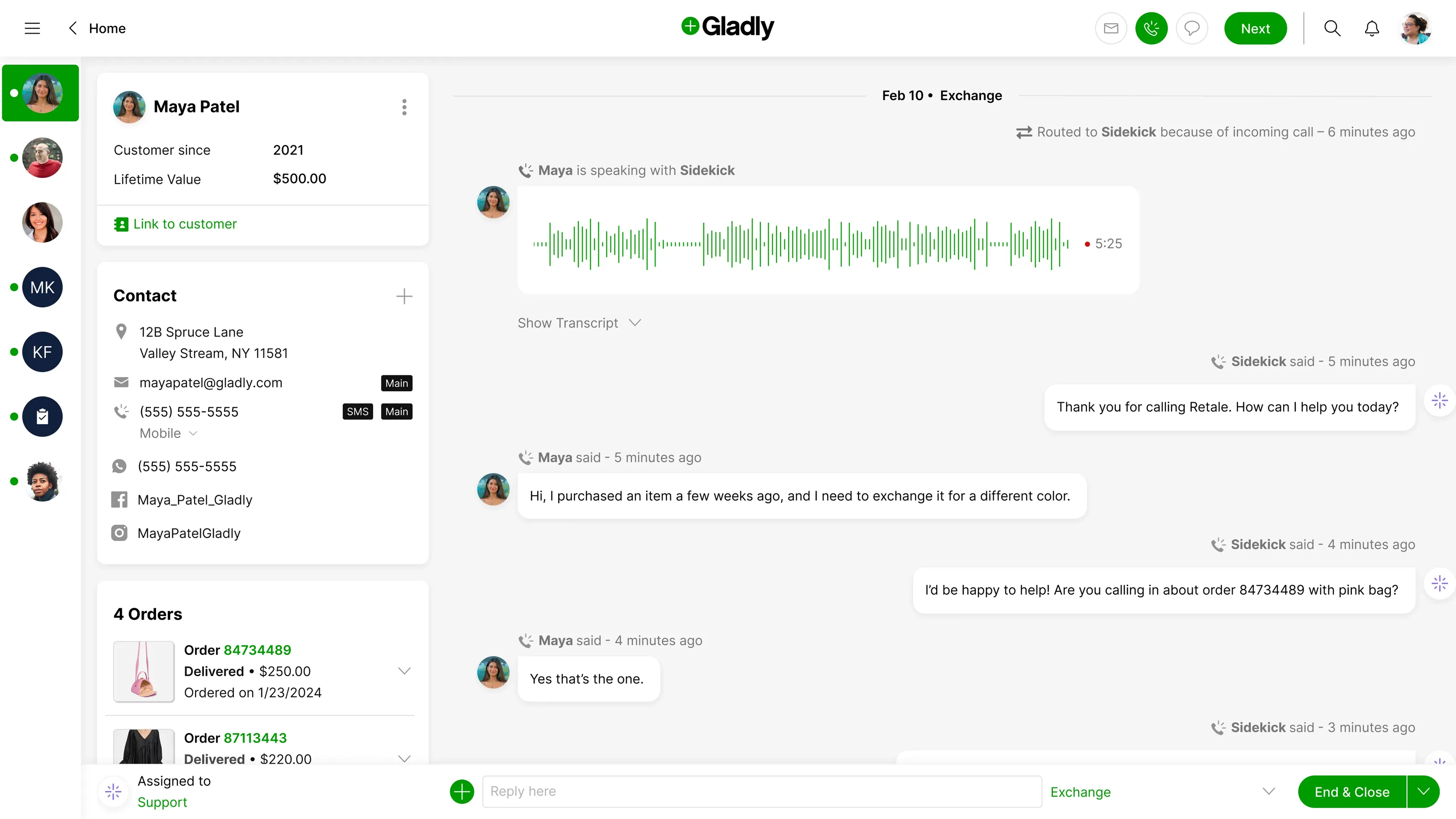 Gladly Sidekick customer conversation workspace